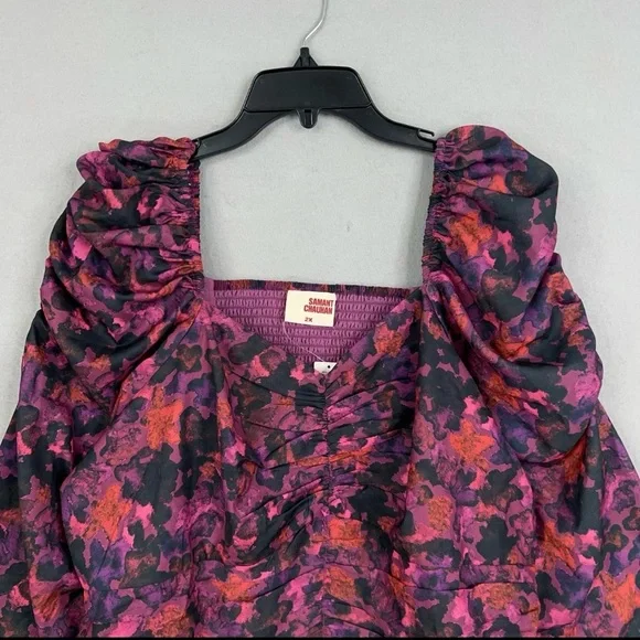 Anthropologie Samant Chauhan Blouse 2X Purple Floral Puff Square Ruched NWT - Picture 4 of 15